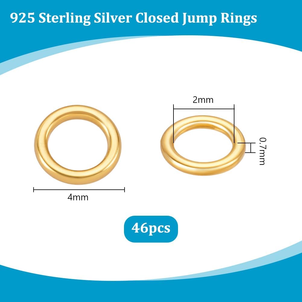 PH PandaHall 46pcs 18K Gold Plated 925 Sterling Silver 4mm Closed Jump Rings, 4mm Jump Rings 21 Gauge O Rings for Jewelry Making DIY Crafts Necklace Bracelet Keychain Earring Accessories