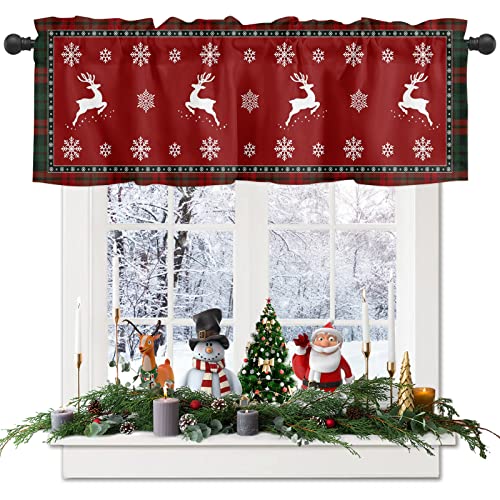 Warm Tour Christmas Winter Snowflakes With Elks Window Valance Curtains Red And Green Classic Tartan Plaid Short Curtain For Kitchen Living Room Bathroom Windows, 1 Panel Drapes Rod Pocket Valances #TOP8