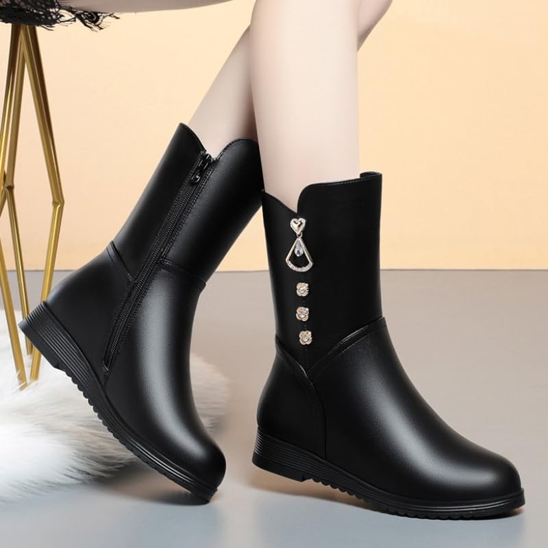 Women's Warm Mid-Calf Leather Boots Comfortable Chunky Heel Side Zipper Fur Lining Winter Boots with Decorative Rhinestones & Pendant Fashion Classic Mid-calf Snow Boots - Image 5
