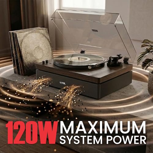Image of AudioSource Vinyl Record Player, All-in-one Turntable with 2.1 Channel Built-in Speaker, Bluetooth 5.4, 120W, Built-in Subwoofer, High Fidelity 2-Speed Belt Drive, Patented Isolation System, Walnut