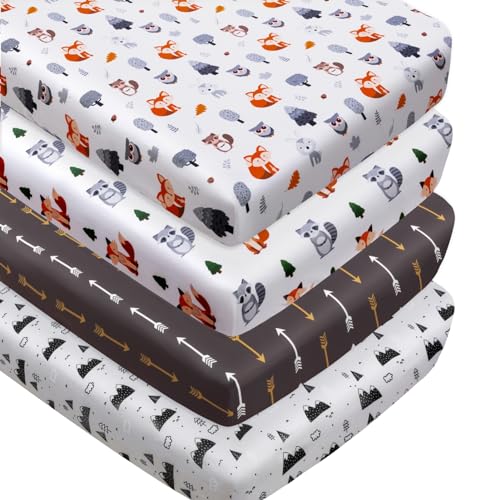 Image of 4 Pack Woodland Forest Animals Wood Neutral Unisex Fitted Baby Crib Sheets Set for Baby Boys or Girls Fox