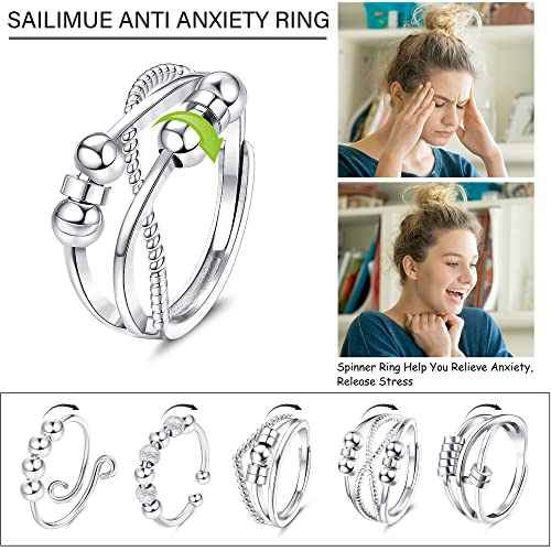 SAILIMUE 9Pcs Anti Anxiety Rings For Women Men Fidget Band Rings Set For Anxiety Unisex Adjustable Stacking Spinner Worry Stress Relief Ring With Beads3