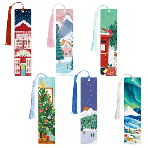 BETESSIN Regalo Original Navidad, 6 piezas Marcadores de Libros con Borlas, 14x3,5cm Marcapágina de Papel Diseño Navideño, Detalle Regalo Familiares Amigos Niños Profesoras para Navidad Cumpleaños