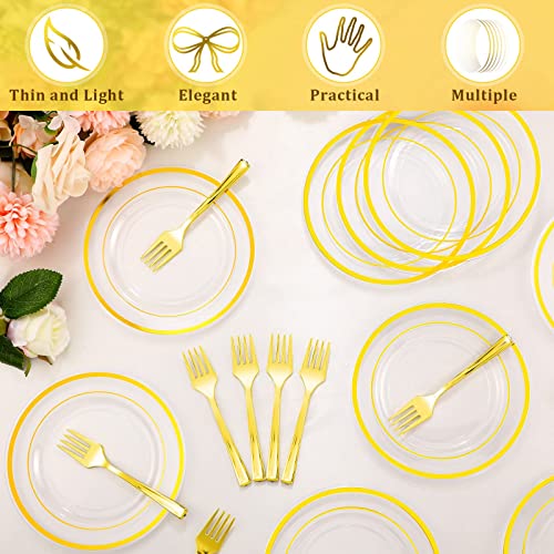 Gandeer Pieces Plastic Dessert Plate Sets 150 Fork And 150 Small Clear Cake Plate Rim Disposable Plate Round Plastic Dessert Party Plate 6 Inch Fancy Salad Plate Appetizer Plate For Wedding (Gold) #TOP2