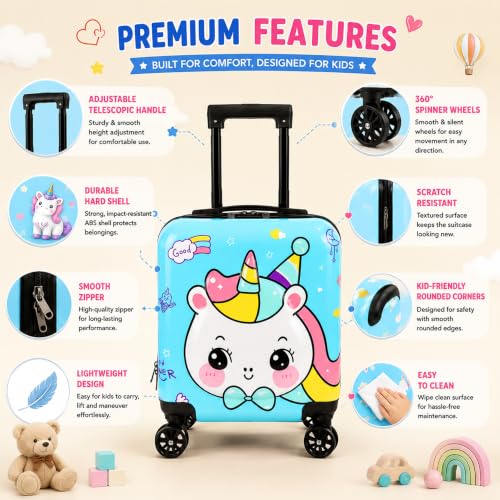 Image of Storite 18 in Unicorn Theme Kids Trolley Bag | Hard-Sided Polycarbonate Travel Suitcase Spinner Cabin Luggage(Blue - 35 x 23 x 38 Cm)