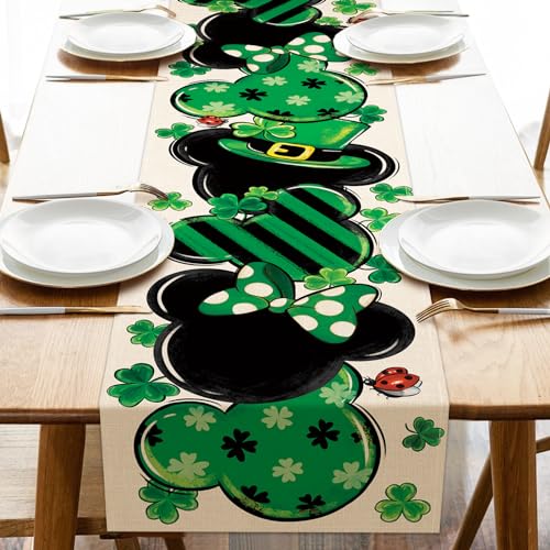 Seliem St. Patrick's Day Cartoon Mouse Table Runner, Shamrock Clover Top Hat Stripes Ladybug Kitchen Dining Table Decor, Irish Holiday Home Decoration Indoor Outdoor Party Supply 13 x 72 Inches