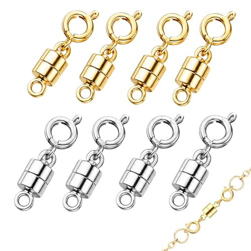 8Pcs Magnetic Necklace Clasps Strong Magnet Jewellery Fasteners for Bracelets & Necklaces Silver & Gold Tone Jewelry Connector Closures for DIY Craft Making