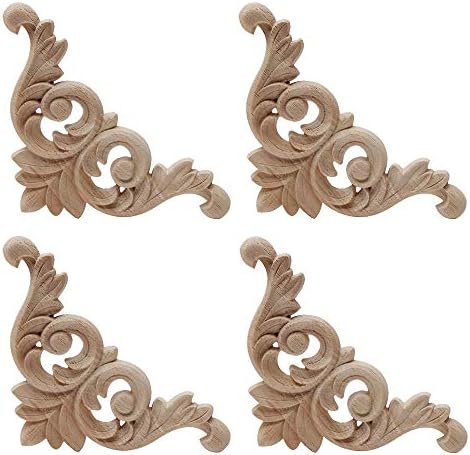 4 Pcs Wood Carving Decal Wood Carved Mouldings Corner Applique Home Door Decor Wood Carving for Door Cabinet Windows