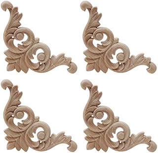 4 Pcs Wood Carving Decal Wood Carved Mouldings Corner Applique Home Door Decor Wood Carving for Door Cabinet Windows