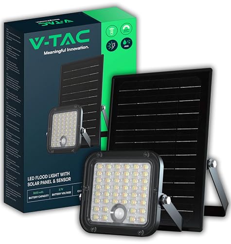 V-TAC Faretto LED da Esterno con Pannello Solare 4.5W - 1500 Lumen - Dotato di Sensore di Movimento e Telecomando - IP65 - Batteria 3600 mAh - Faro Piccolo per Casa, Giardino, Garage - 4000K + 6000K