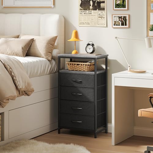 Image of Huuger Night Stand with Charging Station, 4 Drawer Dresser for Bedroom, Bedside Table, 33.5 Inch Tall Nightstand with Open Shelf, End Table, for Closet, Entryway, Bedroooom, Gray