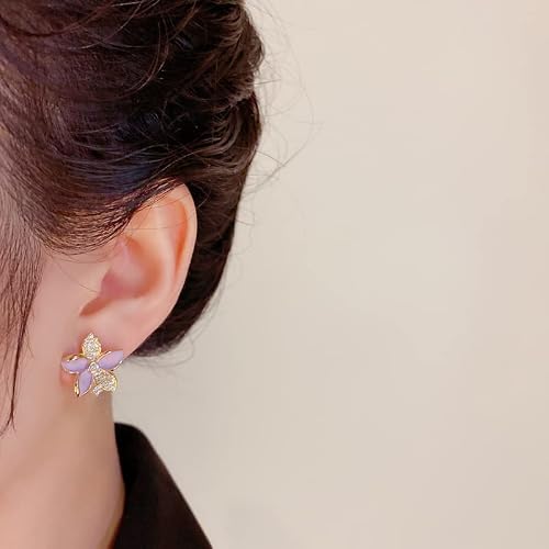 Jeanbeau Statement Purple Flower Stud Earrings For Women Teen Girls - Sparkly Rhinestone Cubic Zirconia Petal Gold Plated Hypoallergenic Cute Big Floral Studs Jewelry Gift #TOP1