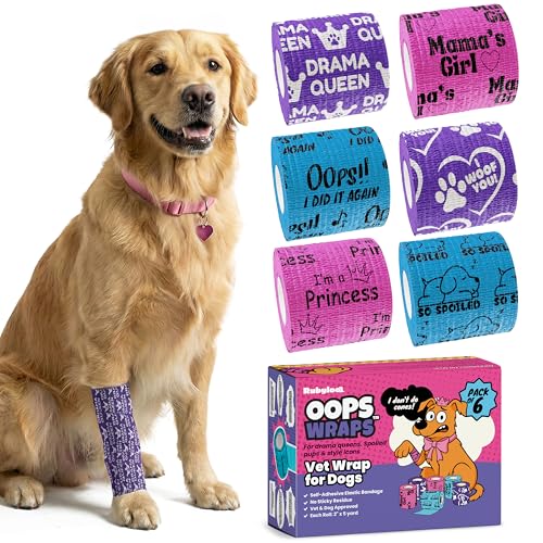 Vet Wrap for Dogs Funny Dog Bandage for Wounds Girls 6 Pack 2 Self-Adhesive Vet Tape Breathable Pet Wrap Bandage for Hot Spots & Injuries Dog First Aid Kit Supplies Oops Wraps by Rubyloo