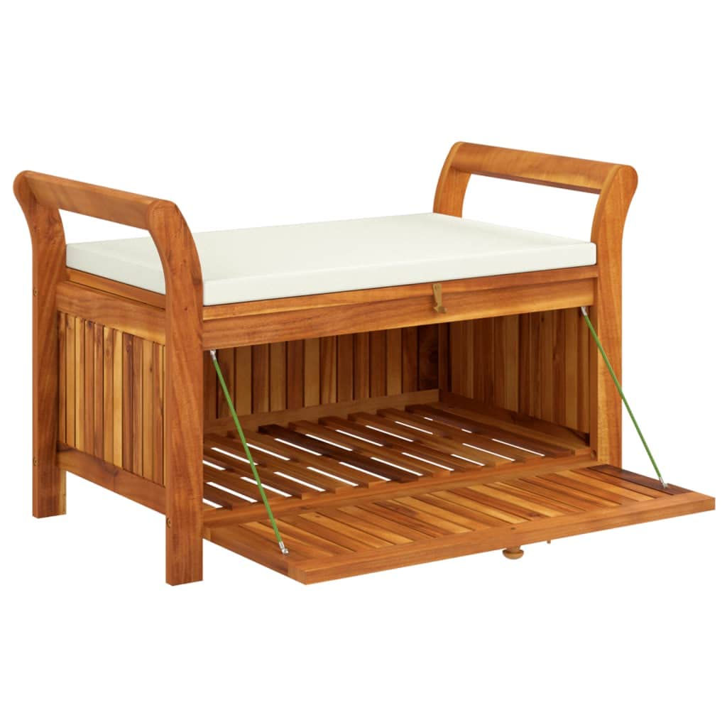 Banc de Rangement Extérieur en Bois D'acacia avec Coussin Coffre de Rangement Jardin Coffre à Coussin (Blanc crème,91 x 50 x 60 cm)