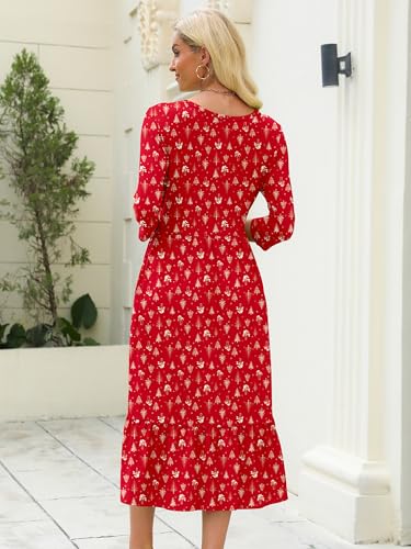 Image of Heymoments Women Dresses Tree Trunk Small Crewneck 3 /4 Sleeves Wedding Guest A line Casual Flowy Swing Party Vintage Spring Fall Winter Beach Travel 2026 Long Midi Dress with Pockets