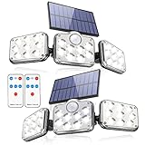 【138 LED Superbrillantes】Equipadas con 138 cuentas LED, nuestras luces solares para exteriores pueden proporcionar 1200LM de iluminación ultrabrillante. Las luces de 3 cabezas con diseño giratorio pueden iluminar hasta 270° de gran angular. Impermeable IP65, resistente al calor y a todo clima.