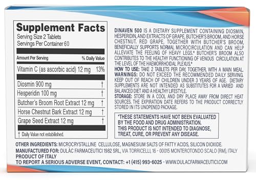 Image of Dulac Dinaven 500, Micronized Diosmin Hesperidin Dietary Supplement 1000mg per serving, Horse Chestnut Extract, Butcher's Broom & Red Grape Extract, Leg Circulation Support, 120 Tablets, Made in Italy