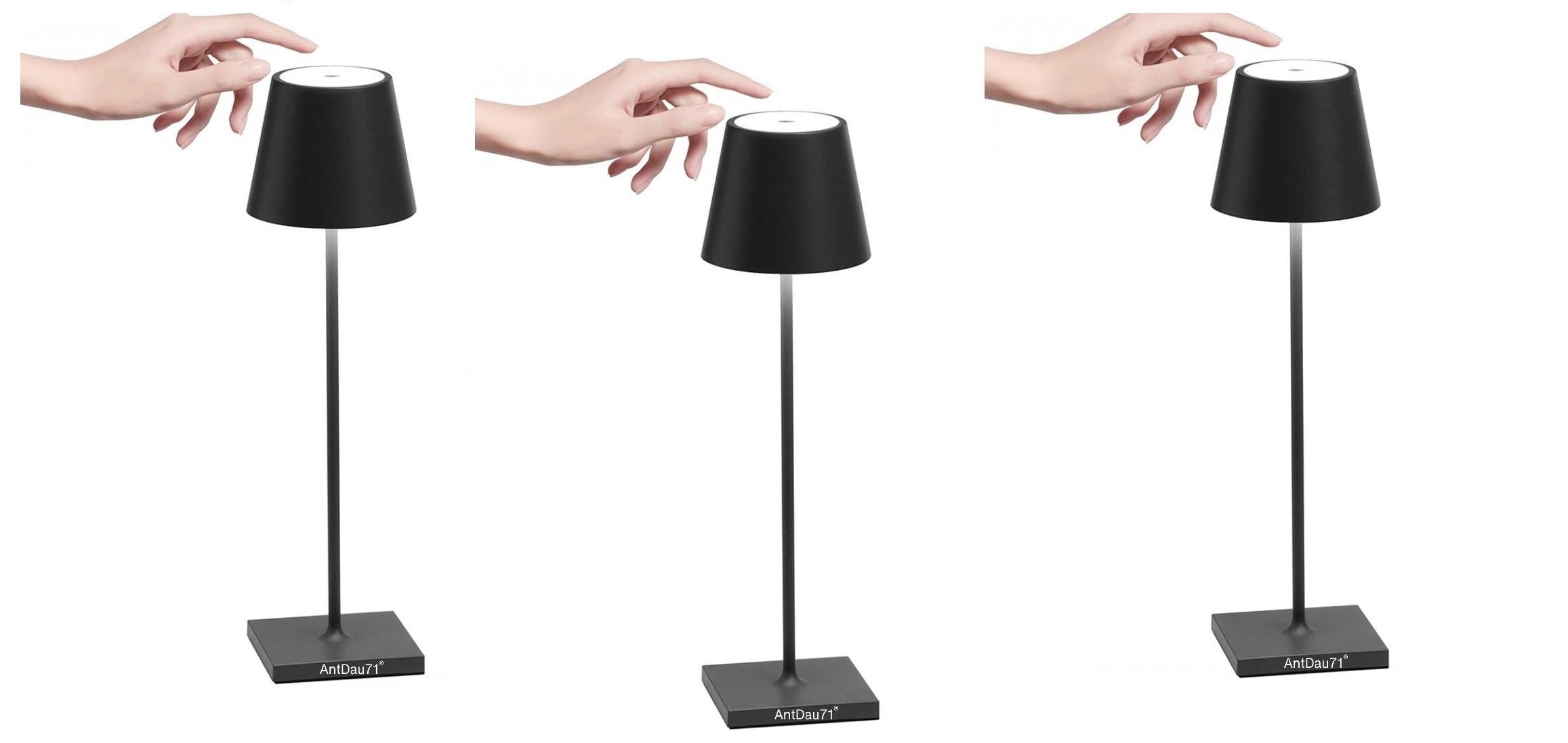 3 Lampade da tavolo touch senza fili ricaricabile USB, alluminio satinato abatjour per camera da letto comodino bar ristoranti hotel ufficio, 3 intensità di luce (NERO)
