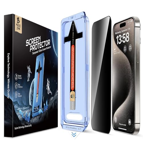MAGIC JOHN 2 Pack for iPhone 15 Pro Max 6.7 inch Privacy Glass Screen Protector, Auto Dust-Elimination Installation, Bubble Free, Easy Installation, Case Friendly MAGIC JOHN 2 Pack for iPhone 15 Pro Max 6.7 inch Privacy Glass Screen Protector, Auto Dust-Elimination Installation, Bubble Free, Easy Installation, Case Friendly
