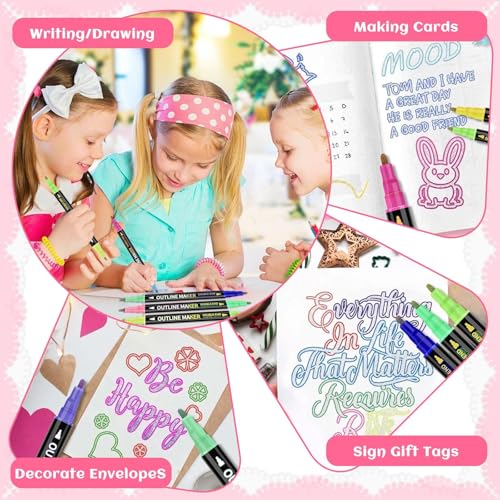 Mennitr Schultüte Füllung, 8 Glitzerstifte Magische Doppelspitze, Einschulung Mädchen, 16 Farben Outline Zauberstifte, Geschenke für Mädchen 4-12 Jahre, Mitgebsel Kindergeburtstag (Gold und Silber)