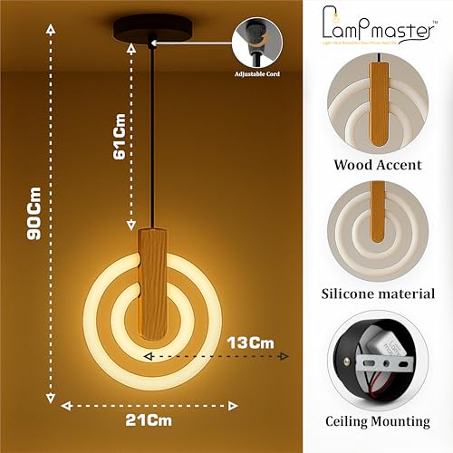 Image of Lampmaster Modern 2-Ring LED Pendant Light with Wooden Accent | Warm White Glow Ceiling Hanging Lamp | Elegant Chandelier for Dining Room, Bedroom, Living Room, Restaurants, Coffee Shop & Office