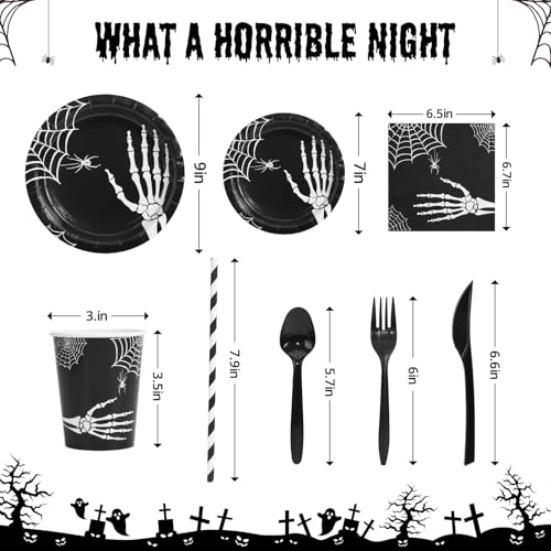 GarveeHome 215 Pcs Halloween Plates and Napkins Set Serve 25, Halloween Hand Bone Disposable Tableware Set, Decorations Includes Plates, Cups, Napkins, Tableware