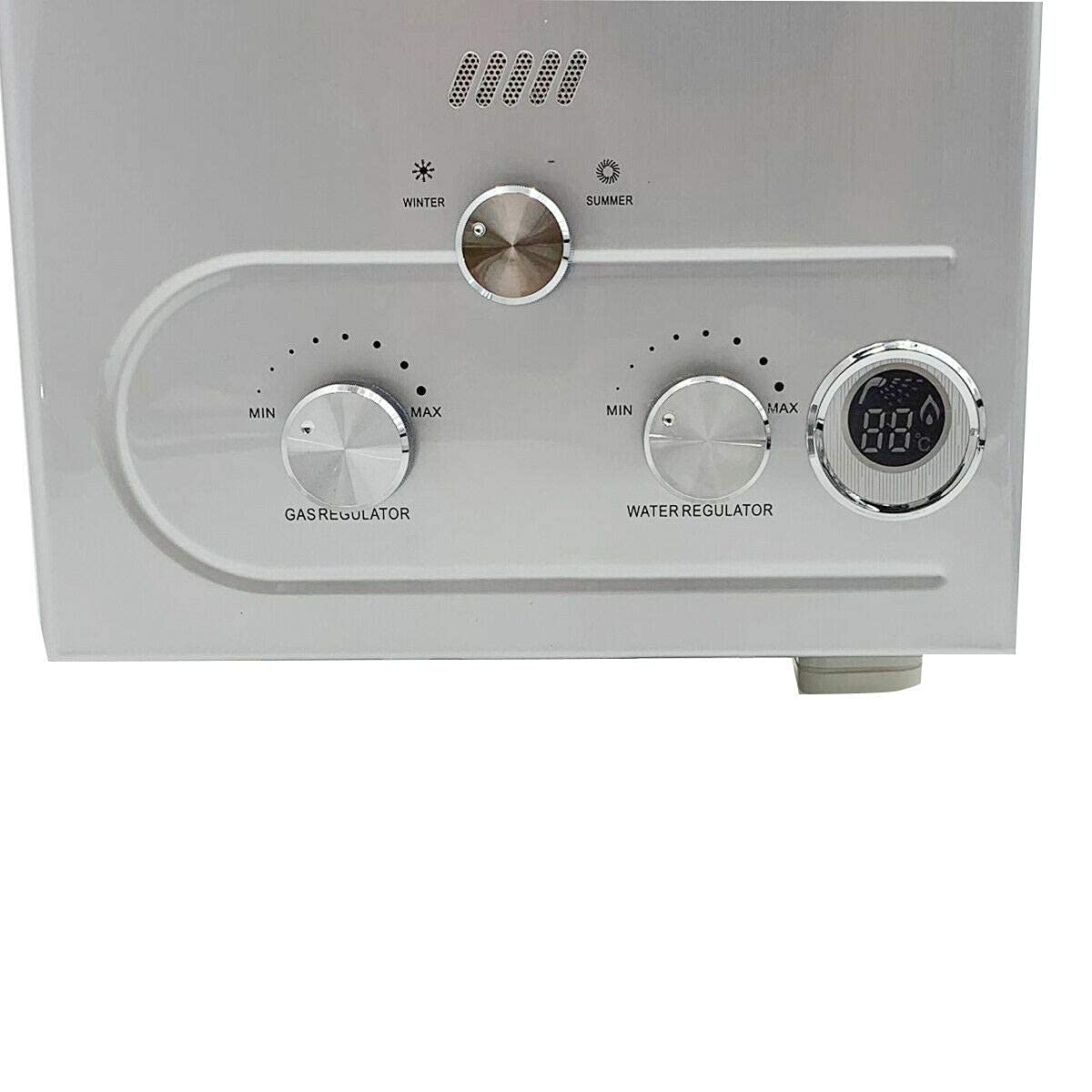 Calentador de agua de gas licuado LPG, 12 L, 24 kW, sin depósito, con cabezal de ducha galvanizado y manguera de ducha, para camping al aire libre y ducha con cremallera, color plateado