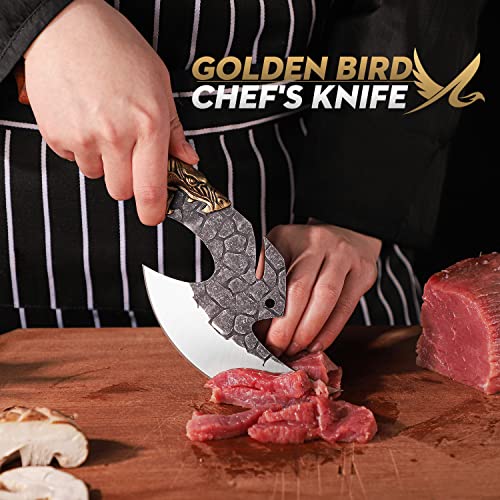 Foto von Golden Bird Original Ausbeinmesser Wikinger Messer Axt Scharfes Filetiermesser Handgeschmiedetes Kochmesser Fleischmesser Grillmesser mit PU-Scheide für Camping BBQ Outdoor usw.