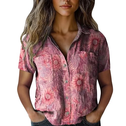 Womens Floral Button Down Shirts 2025 Women Cotton Shirt Printed V Neck Button Down Casual Tops Short Sleeve Blouse