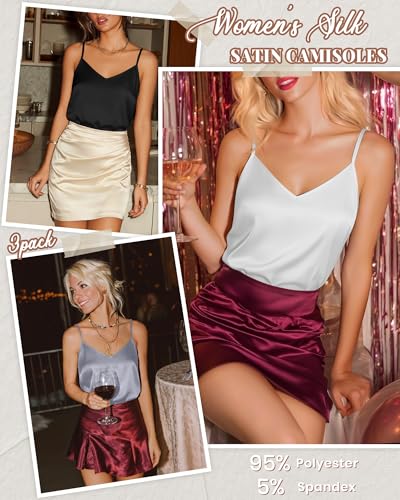 Image of 3 Pack Women's Silk Satin Camisoles V Neck Tank Tops | 95% Polyester, 5% Spandex, Adjustable Spaghetti Strap, Loose Blouse, Daily Wear, Sleeveless, Classic V Neck