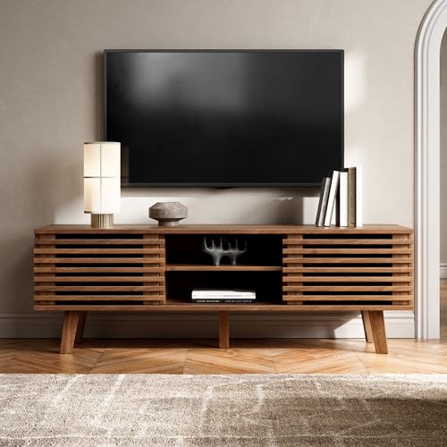 Image of Furniway Mid Century Modern TV Stand for 50 /55 /60 inch TV, Entertainment Center with Storage & Sliding Door, Wood Media Console, TV Stand for Living Room, Bedroom, Walnut