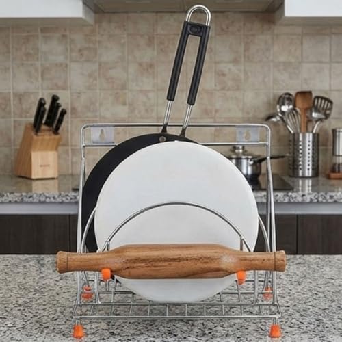 Image of Stainless Steel 4-in-1 Chakla Belan Tawa Chimta Stand | Wall Mounted Kitchen Organizer Rack for Rolling Pin Board Tong & Tawa | Space Saving Corner Shelf