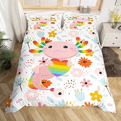 Cute Pink Axolotl Bedding Set Single Size,Girly Colorful Flowers Duvet Cover for Kids Boys Bed Comforter Cover Set,Rainbow Stripes Roman Bedding Quilt Cover Set Decorative 2 Pieces Cover