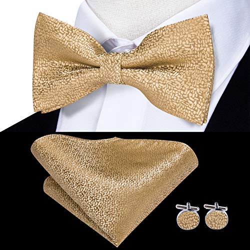 Image of Hi-Tie 5Pcs Mens Solid Color Silk Tie Satin Pretied Bowtie Lapel Pin for Men Handkerchief Cufflink Wedding Gift Box