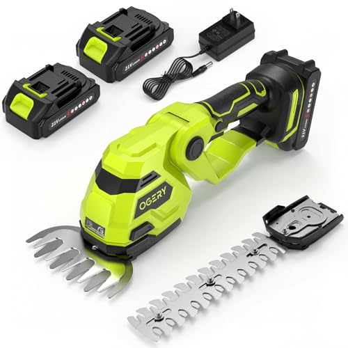OGERY 21V Cordless Hedge Trimmer & Grass Shears, 2-in-1 Powerful Dual Batteries Electric Bush Trimmer with 8.9” Hedge Blade & 5.1” Grass Trimmer, Adjustable Angle, Lightweight for Garden & Lawn Care