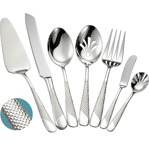 7-Piece Hammered 18/10 Stainless Steel Cutlery Serving Utensil Set - Hostess Flatware with Cake Knife & Cake Server (Silver)