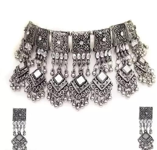 Navjai Fashion Jewellery Set Antique Oxidised Silver Plated Stylish Mirror Work Kundan and Ghurngroo with Matching Earring Choker Necklace Set for Women & Girls (B0C8NZ3D7S) Amazon Price History, Amazon Price Tracker