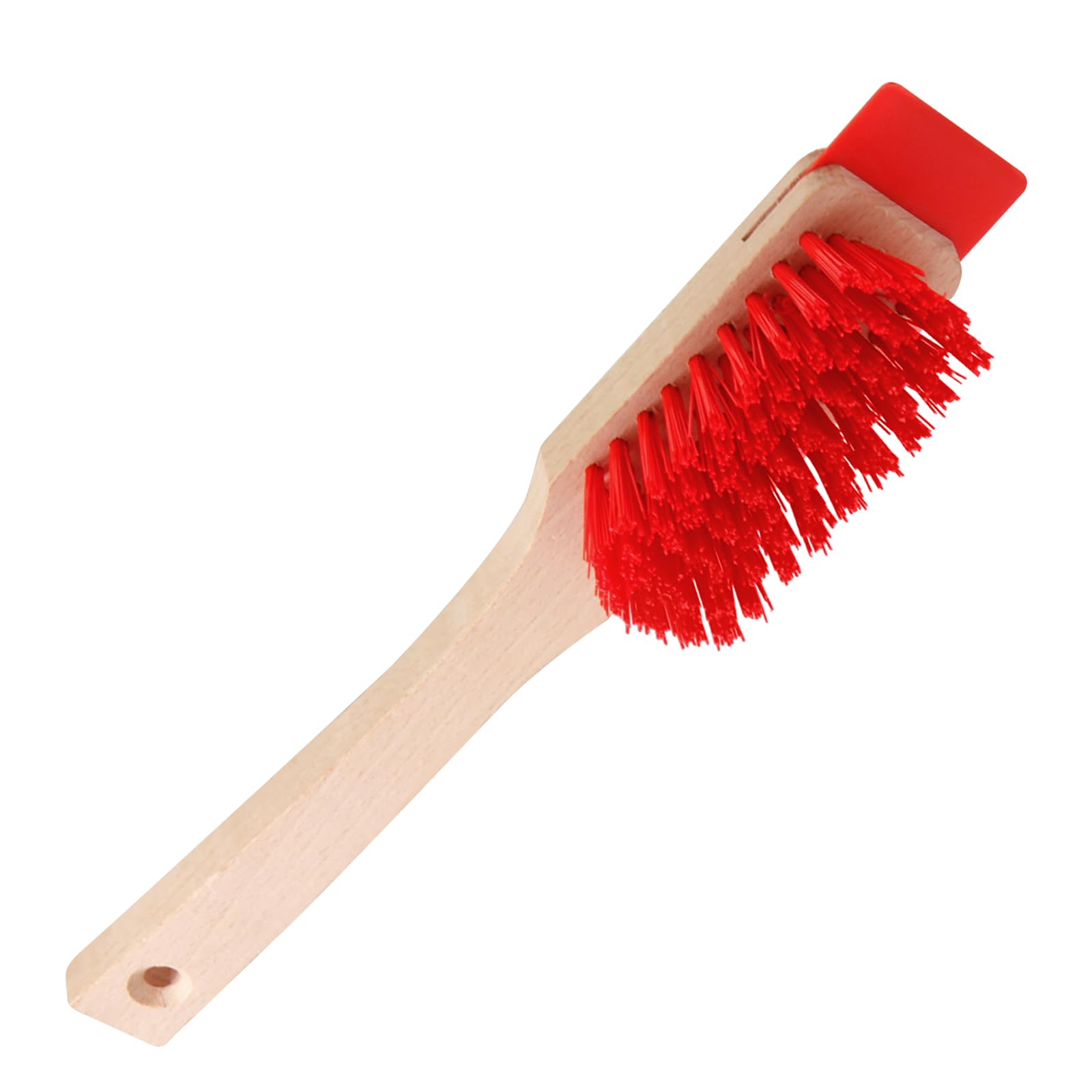KIBBEH Heavy Duty Stiff Bristle Brush with Wood Handle and Scraper, Multi-Surface Outdoor Cleaning Tool for Patio, Deck, Lawn Mower, Gardening and Tough Grime (Red)