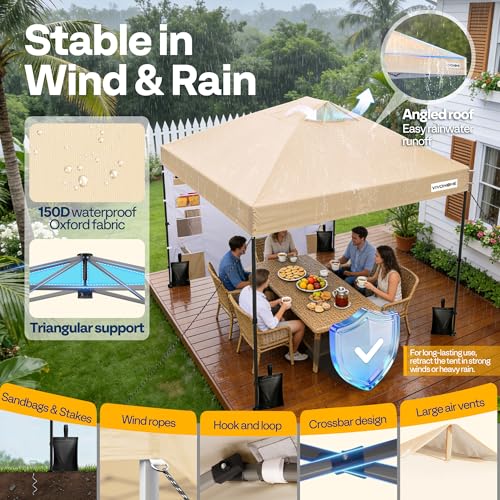 Image of VIVOHOME 10x10ft Pop Up Canopy Tent with Sidewall and 6 Pockets, One Push Setup Outdoor Portable Shelter Tent Heavy Duty with Wheel Carry Bag and 4 Sandbags, Beige