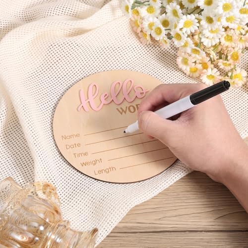 Newborn Announcement Sign with Pen, 5.9in Wooden Hello World Baby Welcome Sign for Newborn Boys and Girls Photo Props Baby Shower Hospital Nursery (Light Pink) — view 3