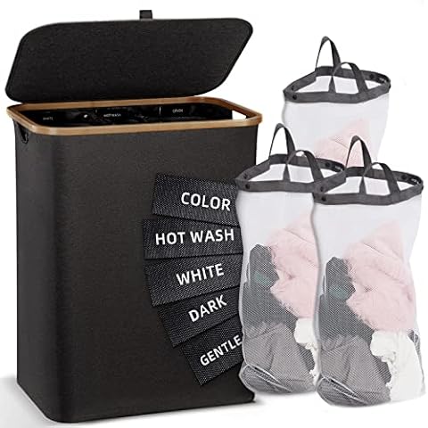 NOSTHEART 160L Wäschekorb mit Deckel, 3 fächer Wäschesammler mit Seitengriffen aus Bambus für Kleidung Cover