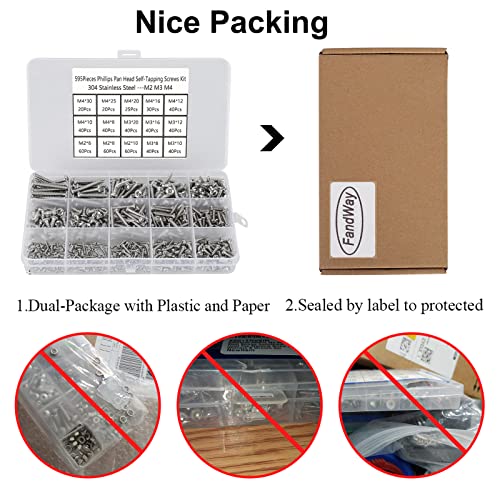 FandWay 595Pcs Self Tapping Screws 304 Stainless Steel,M2 M3 M4 Small Wood Screws Assortment,Pan Head Self Drilling Screw,Round Head Sheet Metal Screw Phillips Drive for DIY Wood Repairs. - Image 6