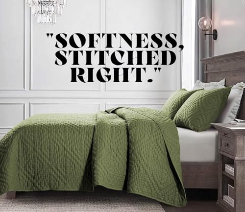 Image of VAS COLLECTIONS 280 TC Quilted Cotton King Bedspread Set, Ultrasonic Bed Cover with 2 Pillow Covers, Soft Breathable Lightweight All-Season Bedding, 90x100 in (228x254 cm) (Olive Green)