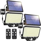 【2023 Mejorado】AOSTOK Luz Solar Exterior Jardin detector de movimiento 2 piezas,Con mando a distancia,266 LEDs,1400LM,IP65 impermeable, ángulo de iluminación de 270°,con cable de 5m