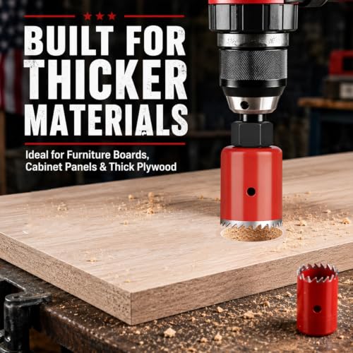 Image of KATA 8PCS Hole Saw Kit 1 inch-2-1 /8 inch Deep Cut 48mm for Wood, Plastic, Drywall | Hole Saw Set for Thicker Wood, Cabinet Panels and PVC, Carbon Steel Hole Cutter Drill Bit and Accessories in Storage Case