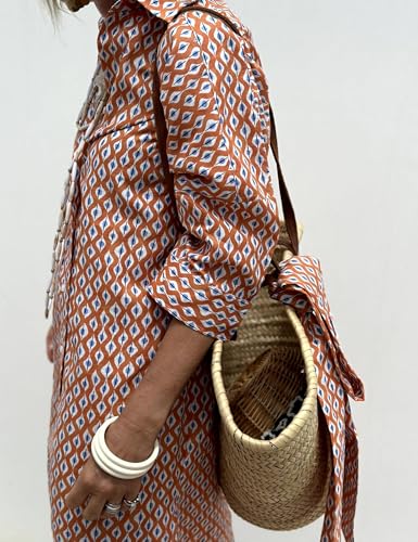 Image of MSBESYOR Women Button Down Striped Shirt Maxi Dress Casual Lapel 3 /4 Sleeve Belted Loose Vacation Long Dresses Orange