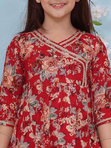 Image of Preneum Girls's Cotton Rayon Gota Pati Floral Printed Angrakha Kurta with Sharara