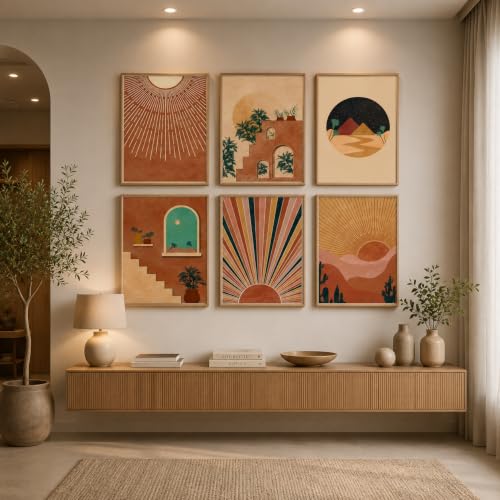 Image of Artsense Boho Desert Wall Art Set of 6 | Abstract Sun, Arch, Pyramid & Desert Landscape Wall Decor | Modern Minimalist Aesthetic Gallery Paintings for Living Room Bedroom Office