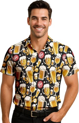FIESTAS GUIRCA | Camisa Cerveza Oktoberfest (52-54/L) - Ropa para Fiestas de Cerveza y Celebraciones - Ideal para Hombre Adulto en Eventos de Bebidas y Oktoberfest - Negro y Amarillo