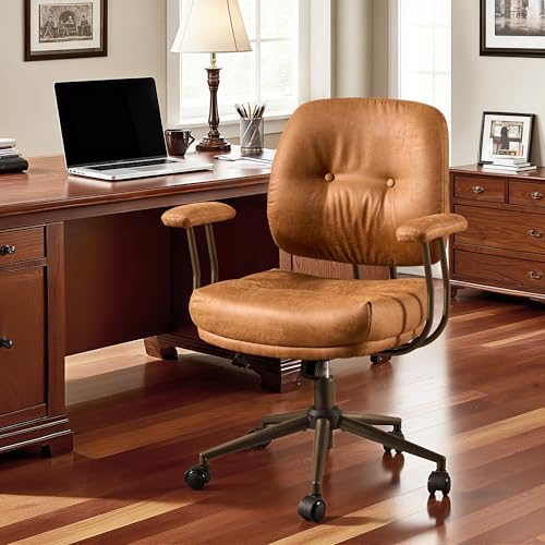 Image of Leather Home Office Chair, Mid Back Ergonomic Desk Chair with Lumbar Support, Mid Century Modern Deep Seat Swivel Rocking Computer Chair, Brown